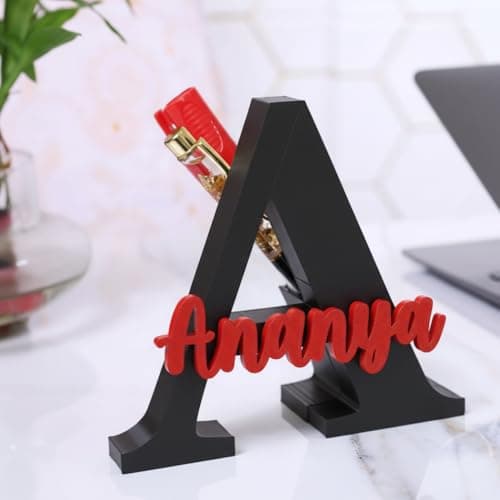 Artsycollection® Personalized Alphabet Name Pen Stand for Desk | Custom Initial Letter Pen Holder | 3D Acrylic Pen Stand for Office Study Table | Personalized Birthday Gift for Him, Her (Blk-Red)