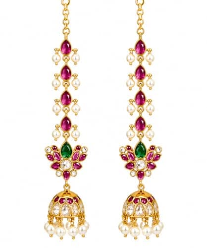 Dvina Glow Premium South Indian Lotus Mattal Jhumka Earrings | Ruby Green Kemp Stone Temple Jewellery | Long Pearl Hanging Bridal Earrings for Women