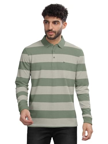 BULLMER Striped Textured Printed Polo Neck Fullsleeve T-Shirt with Rib for Men_Sea Green_Medium