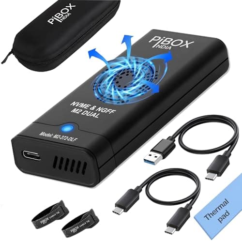 NVME M.2 Fan Enclosure, PiBOX India Dual protocol NVMe/NGFF SATA SSD Enclosure Smart Fan- USB 3.2 10Gbps, Tool-Free M.2 NVMe Case, PCI-E NVMe to USB-C, Supports M, B&M Keys 2230/2242/2280 SSD RTL9210B
