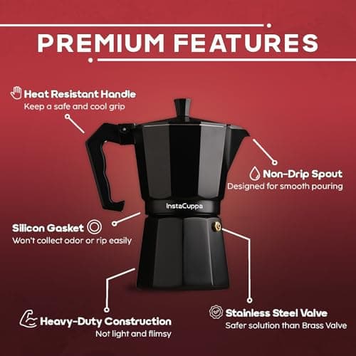 InstaCuppa 2-in-1 Moka Pot Espresso Maker | Stovetop & Induction Compatible | 300ml Premium Aluminium | Italian Style Percolator Coffee Brewer | Brews 4–6 Cups | Espresso, Americano & More, Black 3