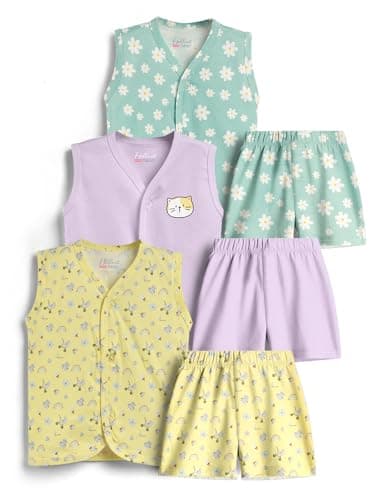 HELLCAT 100% Cotton Jhabla T Shirt & Shorts Matching Co-ords for Babies - Pack of 3 (0–18M, Unisex, Sleeveless)_Yellow/Lavender/Sea Green_0-6Months