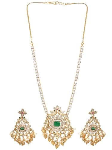 Rubans Necklace Set Pearl Zircon Gold Plated Emerald Green Drop Gift for Women and Girls Festive Wedding Jewellery