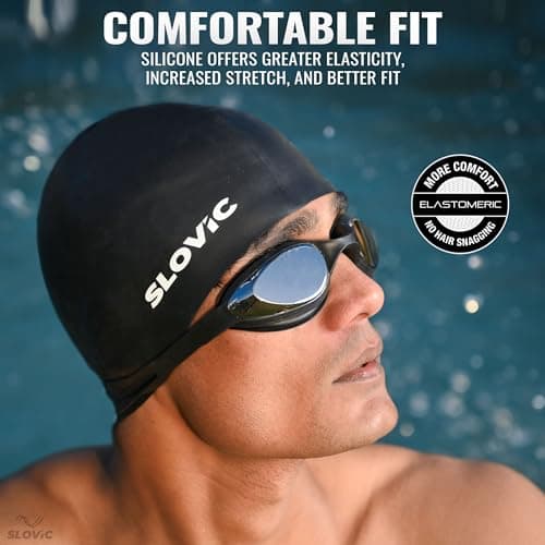 Slovic Swimming Cap for Men & Women [Black] | Swimming Caps for Women with Long Hair | Swimming Accessories for Men & Women | Unisex & Waterproof Silicon Cap to Prevent Chemical Damage | Free Size 5