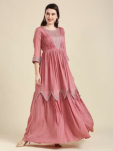 madhuram textiles Women Chinon Chiffon Traditional Ethnic Long Western Dress with Embroidery Work Long Kurta(M-2361) (in, Alpha, XL, Regular, Pink) 4
