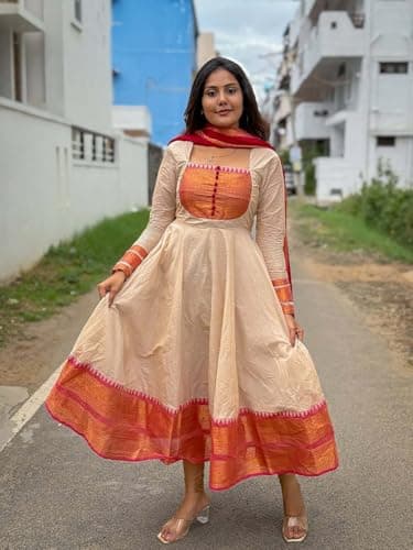 Chanderi Cotton Fabric Anarkali Dress Set with Jacquard Weaving and Zari Border, Traditional Indian Ethnic Wear Gown for Weddings, Festivals, and Special Occasions (Women, Cream Red, L) 2