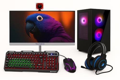 TECNICO Gaming Desktop PC, i5 3470, 16GB DDR3, 512GB SSD, 4GB Graphics, 22-inch IPS Borderless Monitor, RGB Keyboard Mouse Headphone Set, Webcam, WiFi