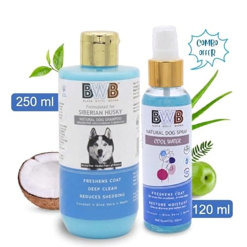 BWB Natural Dog Shampoo for Siberian Husky .PARABEN Free+Alcohol Free+pH Balance with Conditioner & Moisturiser and Added Alovera,NEEM,Coconut & Amla extracts (250ML + DEOSPRAY) 2