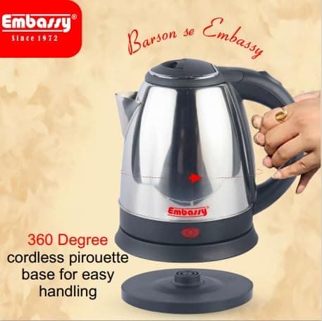 EMBASSY Electric Kettle Stainless Steel 1.5 L | 1000W | Superfast Boiling | Auto Shut-Off | Boil Dry Protection | 360° Rotating Base | 2 YEAR WARRANTY 3