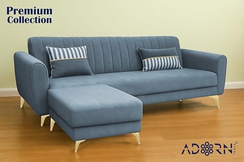 Adorn India Premium Luster 4 Seater L Shape Sofa Set | Velvet Suede Fabric | 3-Year Warranty | Color Grey with Golden Legs & Striped Pattern Cushion 5