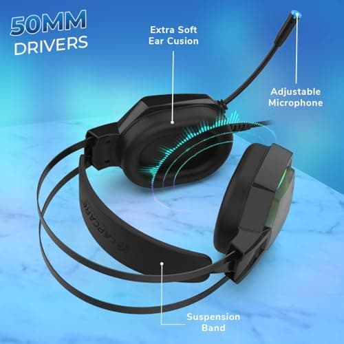 SYSTEM TECH Wired Gaming Headset with Mic, RGB LED Light, 40mm Drivers, Noise Isolation Over-Ear Headphones, Adjustable Headband, 3.5mm Jack for PC, Laptop & Mobile (Black) 3