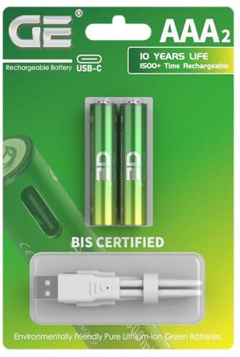 GE® AAA Rechargeable Batteries (Lithium 1.5V - 600 mWh) - New Launch in 2026 | Fast Charge (Direct USB‑C + Wireless) | Pack of 2 Batteries | 10 Years of Life and 1 | 500+ recharges | 3 Year Warranty