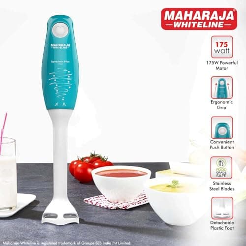 Maharaja Whiteline Speedmix Plus Hand Blender with Stainless Steel Blades | Long Lasting Performance with 175 Watts Motor | Detachable Plastic Foot | 2 Year warranty (Turquoise Blue & White) 2