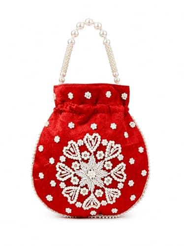 Desi India Potli Bag, Pearl Embellished Floral Drawstring Pouch, Ethnic Style, Round, Women
