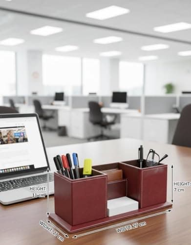 Desk Organizer with Pen Holder & Mobile Stand | Compact Stylish Table Organizer for Office, Home, Study Desk & Stationery (Brown) 5