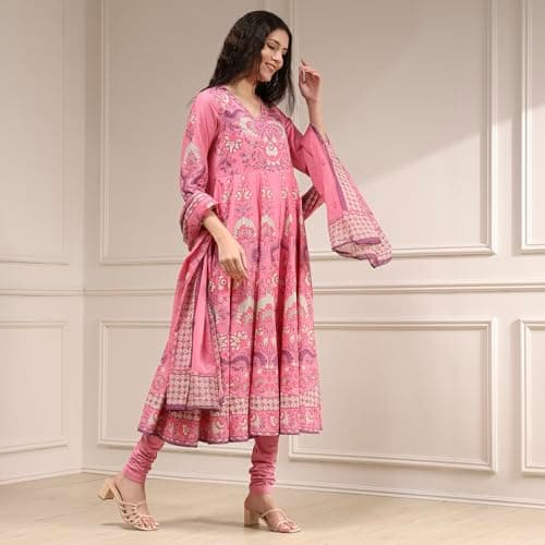 Biba Women Light Pink Cotton Anarkali Printed Kurta Set_32 4