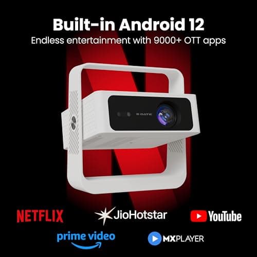 E Gate Atom 4X Air, Fully Automatic, True 200 ANSI Projector with 1080P & 4K Support | Auto Focus+Auto Keystone+Obstacle Avoid | Android 12 Netflix, Prime, Live TV | WiFi-BT-HDMI ARC, Native EGATE 4