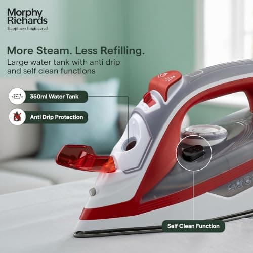 Morphy Richards Ultra Glide 1600W Steam Iron with Steam Burst, Vertical and Horizontal Ironing, Teflon Coated Soleplate, Red and White 5