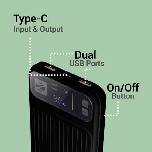 ZEBRONICS MB10000S13 Power Bank, 10000 mAh, Rapid Charge, 22.5W Output, Dual USB Output, PD 3.0 Type C, Built in Protections, Percentage Indicator, Made in India (Black) 3