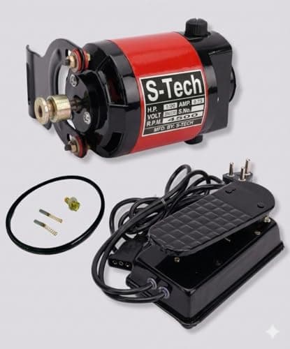 Pro Domestic Mini Electric Sewing Machine Motor 1/20 HP 4500 RPM | Heavy Duty Foot Controller with Long Wire | Domestic Silai Machine Ki Motor Set 2 Carbon & Belt | 220V | 6 Months Warranty (Red) 2
