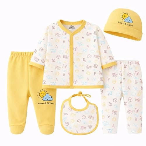 Kidbee Baby Clothing Gift Set for Boys & Girls, 5 Piece Newborn Clothing Combo with Front Open Top, Pajama, Printed Pant, Cap & Bib, Soft Cotton, 0–6 Months Baby (Yellow-CMB-501) 2