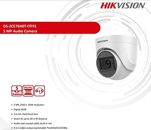 HIKVISION 5 MP Indoor Dome CCTV Camera with inbuilt Audio Mic DS-2CE76H0T-ITPFS White Wired, 1080P 4