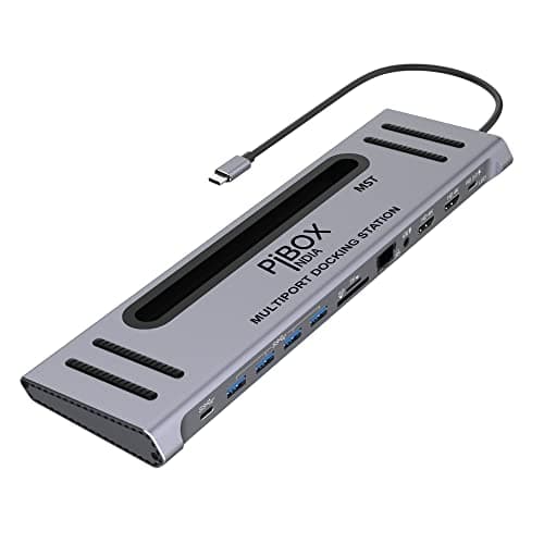 PiBOX India, 12 in 1 USB-C Docking station MST Heat Vents 2*HDMI 4K, 2*USB-C, 4*USB 3.0, Gigabit port, SD/TF Card Readers and 3.5mm Audio for MacBook/Pro/Air, iPad Pro, Laptops, Mobile Phones(Platinum
