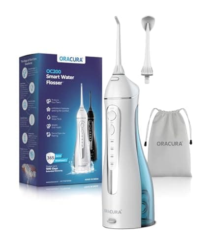 ORACURA® Smart PLUS Water Flosser® OC200 LITE White with 2 Nozzle tips | Portable & Rechargeable | Custom 8 Water Pressure Settings | 200ml Water Tank Capacity | IPX7 Waterproof | 365 Days Warranty