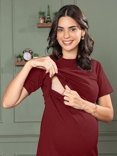 MomToBe Women's Bodycon Calf Length Polyester Maternity Dress for Pre and Post Pregnancy (Aesthetic Maroon ; X-Large) 5