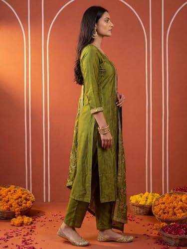 INDO ERA Women's White Pure Cotton Floral Printed Flared Fusion Kurta & Pant with Dupatta Set 4