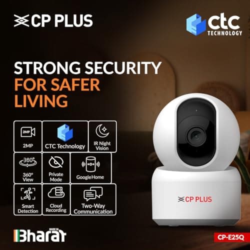 CP PLUS 2MP Full HD Wi-Fi CCTV Camera for Home with Motion Tracking | Smart Detection Suite | Night Vision | Cloud Recording | View & Talk | Supports OK Google | CTC Cyber Secure | CP-E25Q 2