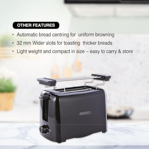 Usha iToast 2 Slice Pop Up Toaster | 650 Watt | 6 Browning Settings | Cool Touch Body | Croissant/Bun Warmer | Automatic Bread Centering for Uniform Browning | 2 Years Warranty (Black) 2