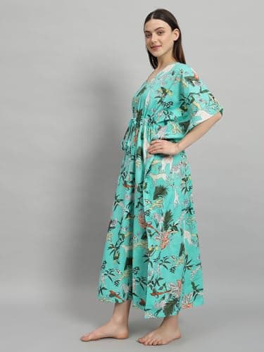 Ravaiyaa - Attitude is everything Women's 100% Cotton Printed Kimono Sleeves V-Neck with Adjustable Drawstring Long Kaftan (Turquoise) 4