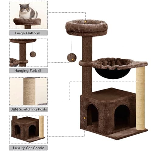 FURRLOVERS Soft Fur Condo Activity Cat Tree - Jute Rope Scratching Post, Hanging Ball, Hammock, Suitable for Small Cats (Condo 16 x 16 Inch) (Height 38 Inch) (Large) (Brown - FURR-71) 5