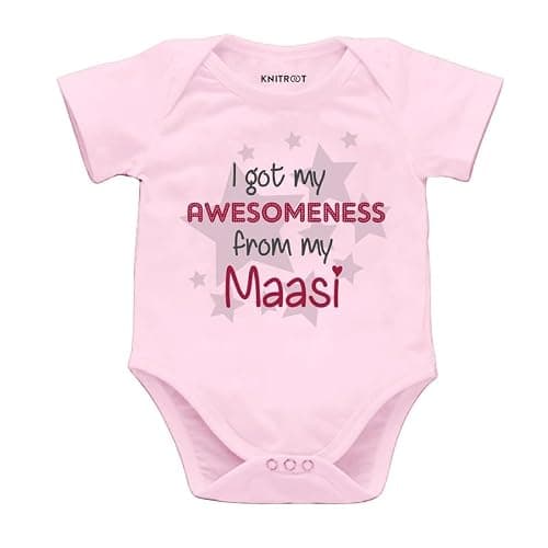 KNITROOT Maasi Family Special Onesies, Unisex Baby Kids Cotton Lycra Envelope Neck Half Sleeve Pink Romper, Bodysuit, Sleepsuit, I Got My Awesomeness From My Maasi, 0-3 Months for Boys & Girls