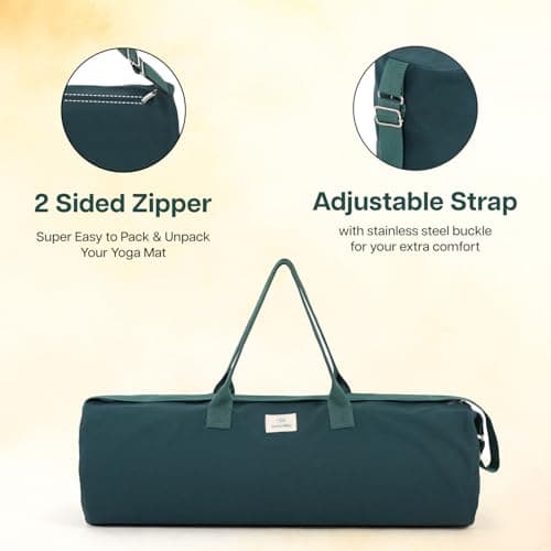 Wiselife Yoga Mat Bag for XL Mats – Green | Durable Cotton Canvas, Full Zip Closure, Adjustable Strap, Spacious Side Pocket | Yoga Mat Carry Bag for Men & Women 4