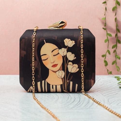 Artklim Girl With Flowers Printed Clutch Bag for Women – Designer Evening Handbag with Detachable Chain for Party, Wedding & Special Occasions 2
