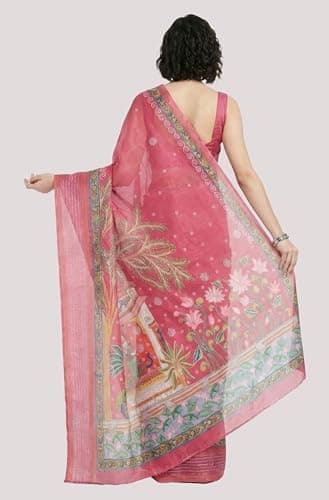 Janasya Women's Pink Silk Blend Ready To Wear Ethnic Motif Printed Saree With Unstitched Blouse 4