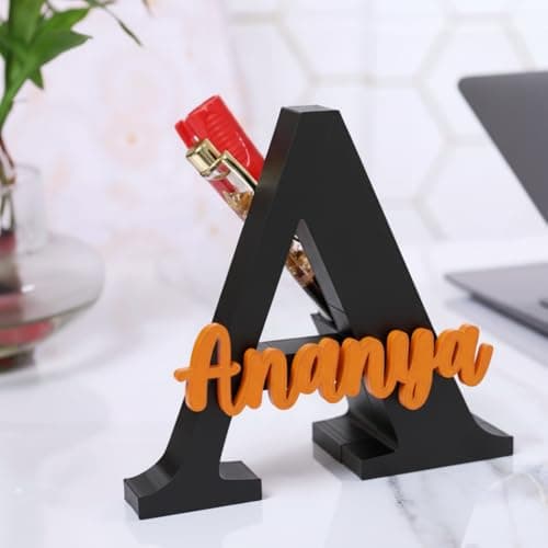 Artsycollection® Personalized Alphabet Name Pen Stand for Desk | Custom Initial Letter Pen Holder | 3D Acrylic Pen Stand for Office Study Table | Personalized Birthday Gift for Him, Her (Blk-Org)
