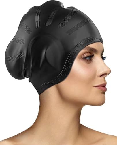 TEKCOOL Latest Designed Long Hair Swim Cap,Waterproof Silicone Swimming Cap for Adult Woman and Men,Keeps Hair Clean with Ear Protector Fresh Long Lasting Silicone Made Waterproof Swimming Cap(Black).