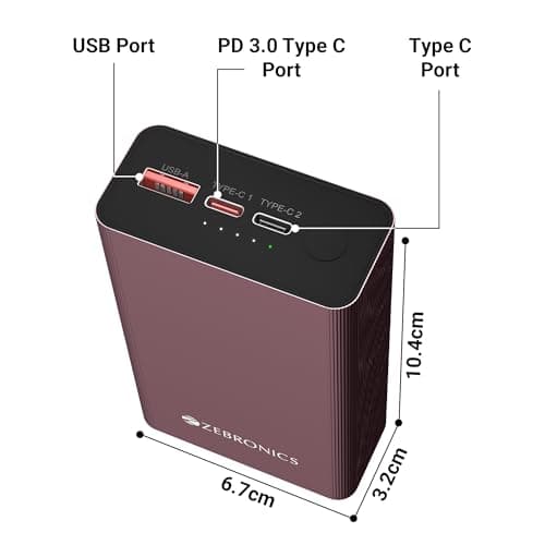 ZEBRONICS EnergiTank 20MR1, Metal Power Bank, 20000 mAh, 22.5W Super Fast Charging PD 3.0 (PPS), Dual Type C & USB Port, LED Indicator, for iPhone, Android, Tablets, Airpods (Raspberry) 3