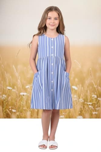 Cloth Bites Girls' Summer Cotton Striped Sleeveless A-Line Dress – Casual Button-Down Frock with Pockets Knee-Length Sundress for Kids Light Blue 2