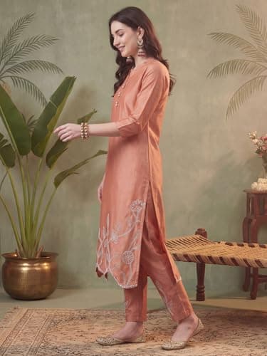 INDO ERA Women's White Pure Cotton Floral Printed Straight Fusion Kurta & Pant Set 4