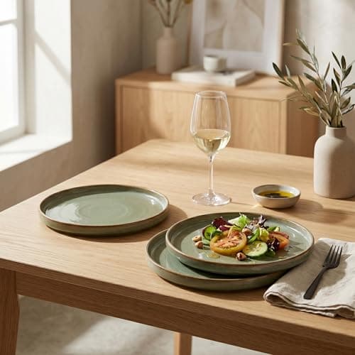 HEARTHEASE Ceramic Dinner Plate Set of 6, 11 Inch - Sage Green with Brown Rim, Microwave & Dishwasher Safe, Ideal for Daily Use 3