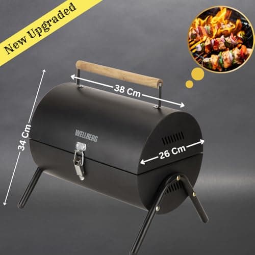 Wellberg Barrel Charcoal Barbeque Grill | Portable Outdoor BBQ Tandoor with Skewers, Heavy Duty Iron Body for Home & Garden Cooking 2