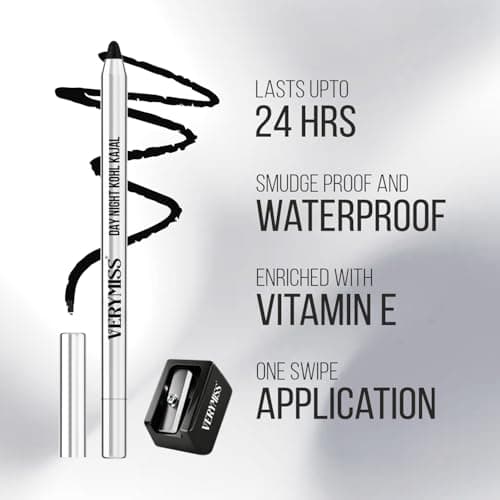 Verymiss Day Night Kohl Kajal With Sharpener 1.2 g I Long-Lasting I Smooth Application I Rich Pigmentation I Jet Black I Qty 1 2