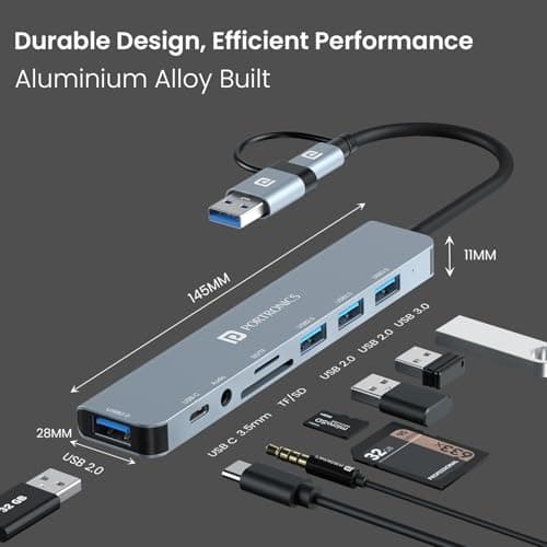 Portronics Mport 8 Plus Dual Plug 8-in-1 Docking Station/Hub with AUX, USB 3.0, microSD/SD Card Reader, Type-C Data, USB 2.0, Type-C and USB Plug for Laptop, Mac, PC (Grey) 5