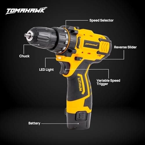 TOMAHAWK® DMS-7000 12V Cordless Drill Driver | 1350 RPM High-Speed Motor | 10mm Keyless Chuck | Adjustable Torque & Forward/Reverse | 1.5Ah Battery for Wood & Metal Drilling 4