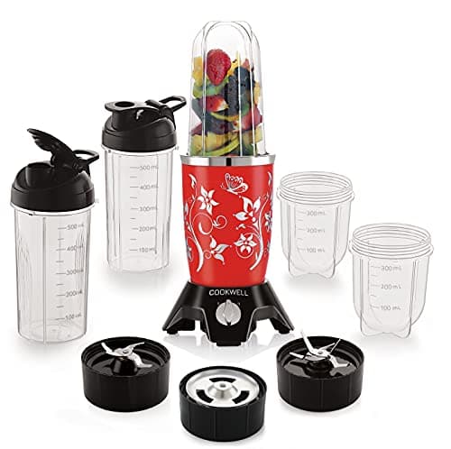 Cookwell Bullet Mixer Grinder (5 Jars, 3 Blades, Red) - Copper, 600 Watts - 2 Years Warranty