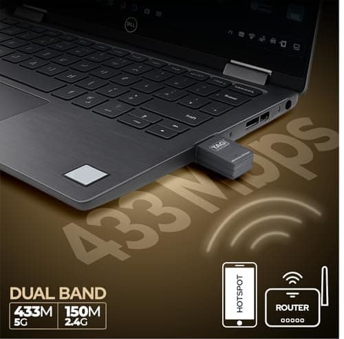 TAG Dualfi 600Mbps Dual Band WiFi USB Adapter for PC/Laptop/Desktop | 2.4GHz + 5GHz Wireless Dongle | USB 2.0 | Plug & Play | Soft AP Mode | WPA/WPA2 Secure | 433Mbps + 150Mbps Speed | Black 2